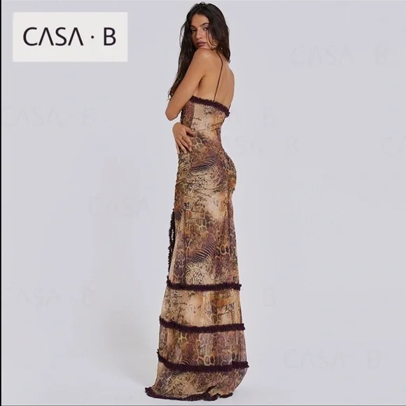 NEW to CASA B💫|Seraphina Sheer Cut-Out Frill Leopard Script Print Maxi dress - Picture 12 of 16